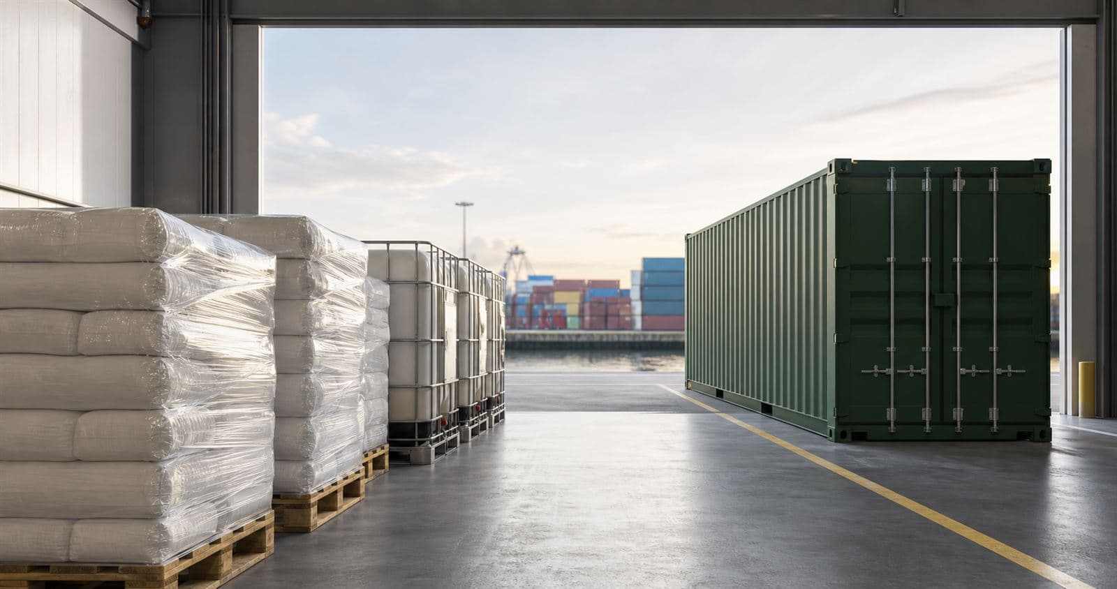 Palletized polymer materials and IBC containers staged for export shipment